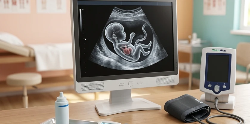 Ultrasound display and maternal antenatal checklist chart