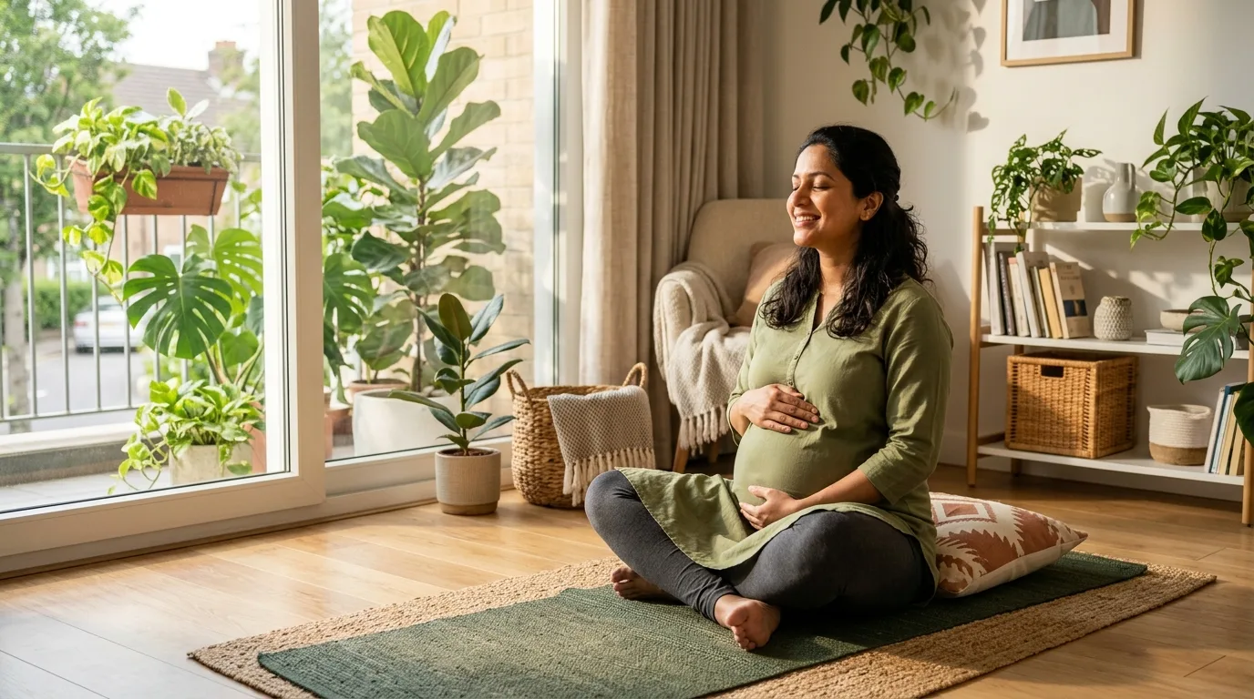 Radiant Indian Expectant Mother Practicing Gentle Prenatal Yoga